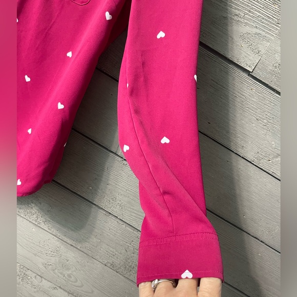Talbots Fuscia Pink Long Sleeved Button Up Blouse with Whitr Hearts Sz Petite - Picture 2 of 14
